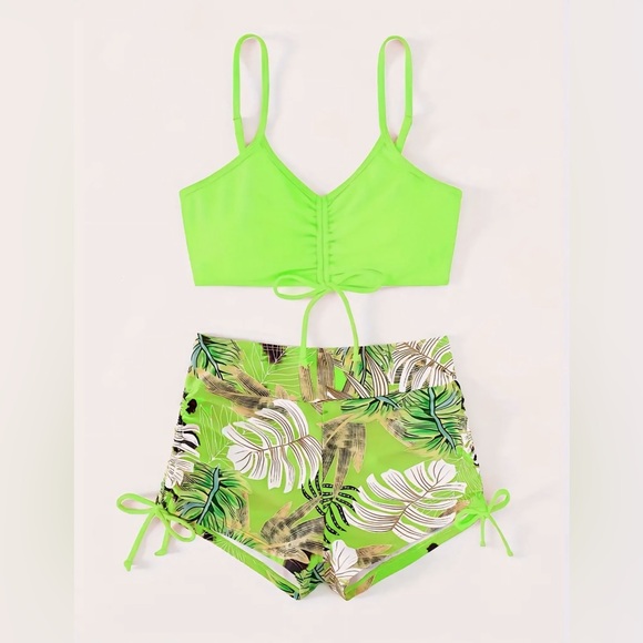 Neon Green Drawstring V Neck/Side Tie Boxer Shorts 2Pc Bikini Set - Picture 3 of 6